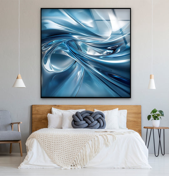 Azure liquid motion abstract chrome blue glass hanging wall art showcasing a glossy, textured surface with swirling fluid designs.