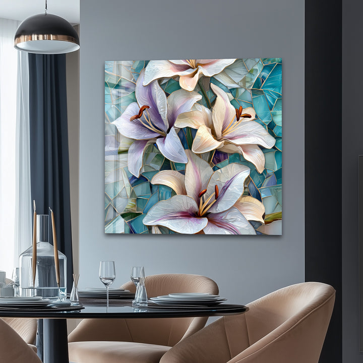 Ocean Lilies – Blue Mosaic Floral Glass Wall Art