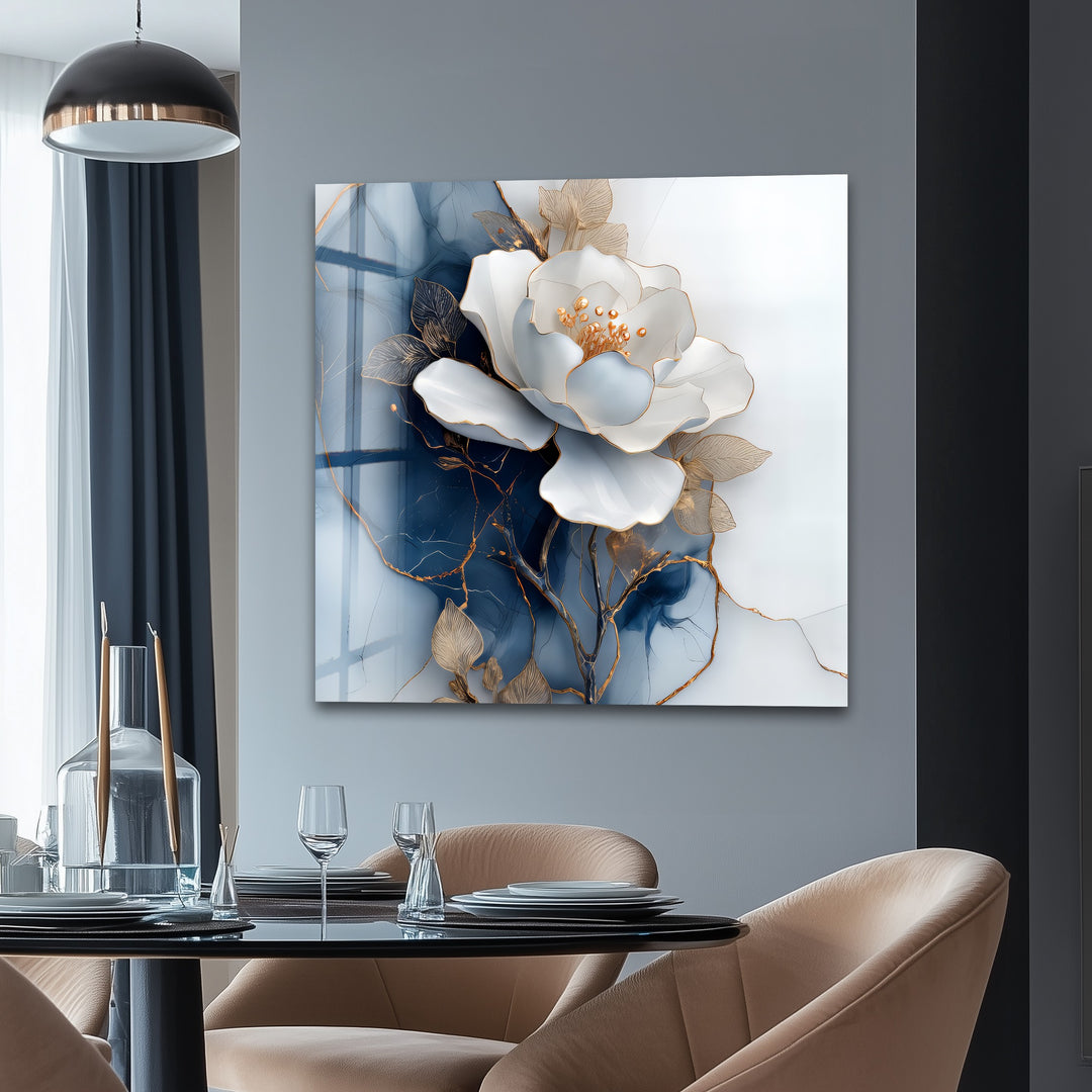 Golden Midnight Bloom – White Flower on Navy Marble Glass Wall Art
