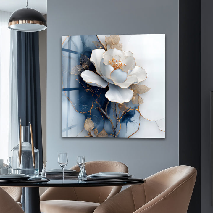 Golden Midnight Bloom – White Flower on Navy Marble Glass Wall Art