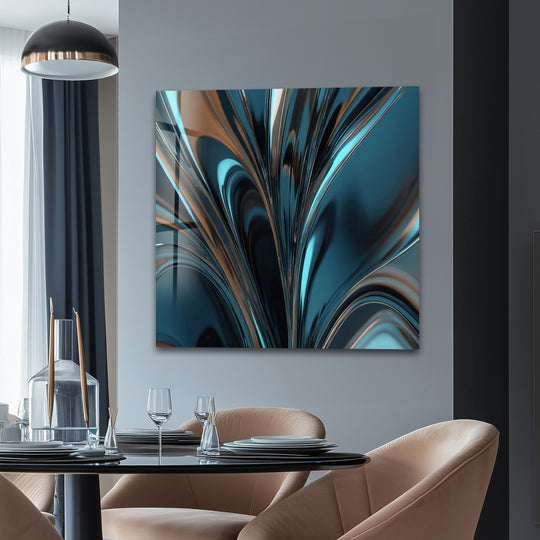 Midnight aqua surge abstract teal chrome glass wall art home decor with fluid wave design.