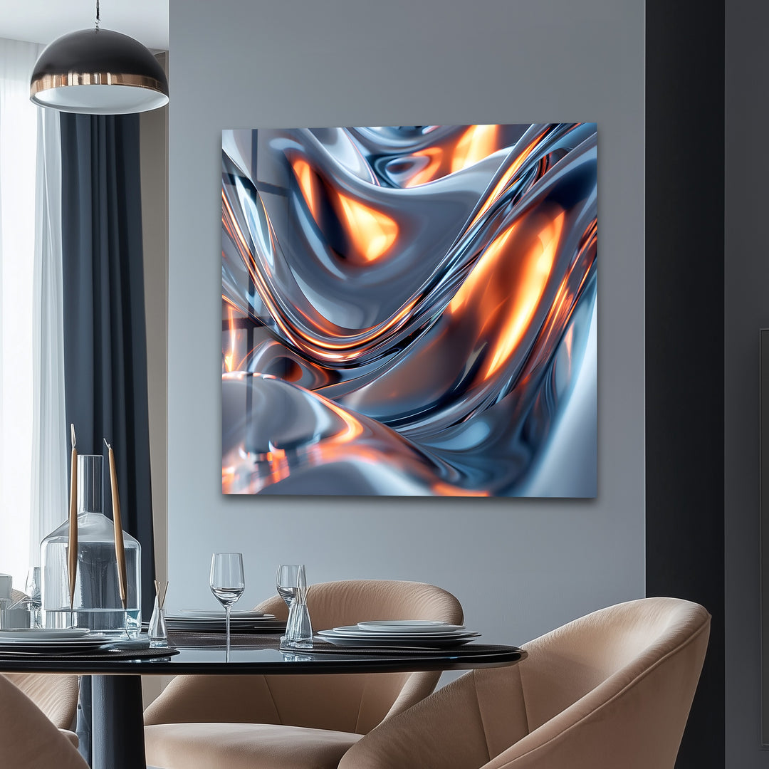 Solar Chrome Surge – Abstract Silver & Ember Flow Glass Wall Art