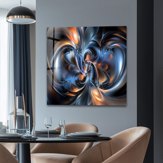 Abstract print wall art featuring swirling sapphire and ember light playing with dramatic shadows in a cosmic helix.