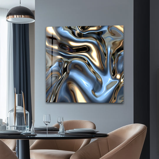 A dynamic abstract glass art piece with swirling silver and gold fluid patterns commands attention as the room's loudest element.