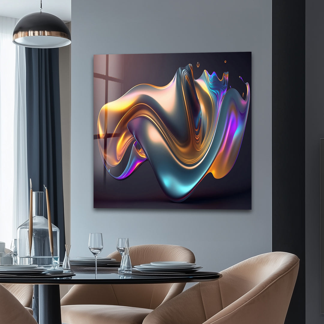 Prismatic Flow Mirage – Iridescent Chrome Wave Glass Wall Art