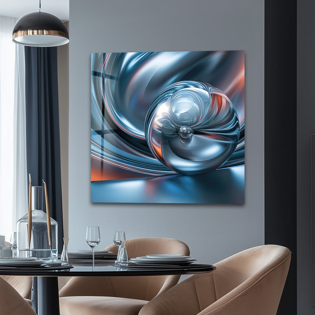 Chromatic Sphere Drift – Abstract Blue Silver Orb Glass Wall Art