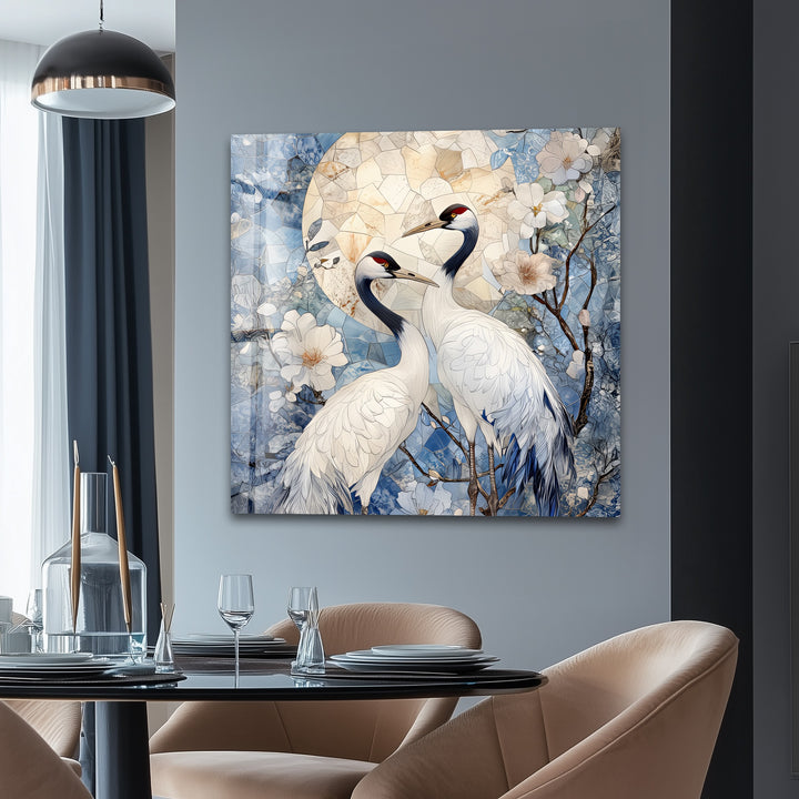 Moonlit Cranes – Elegant Nature Scene Glass Wall Art