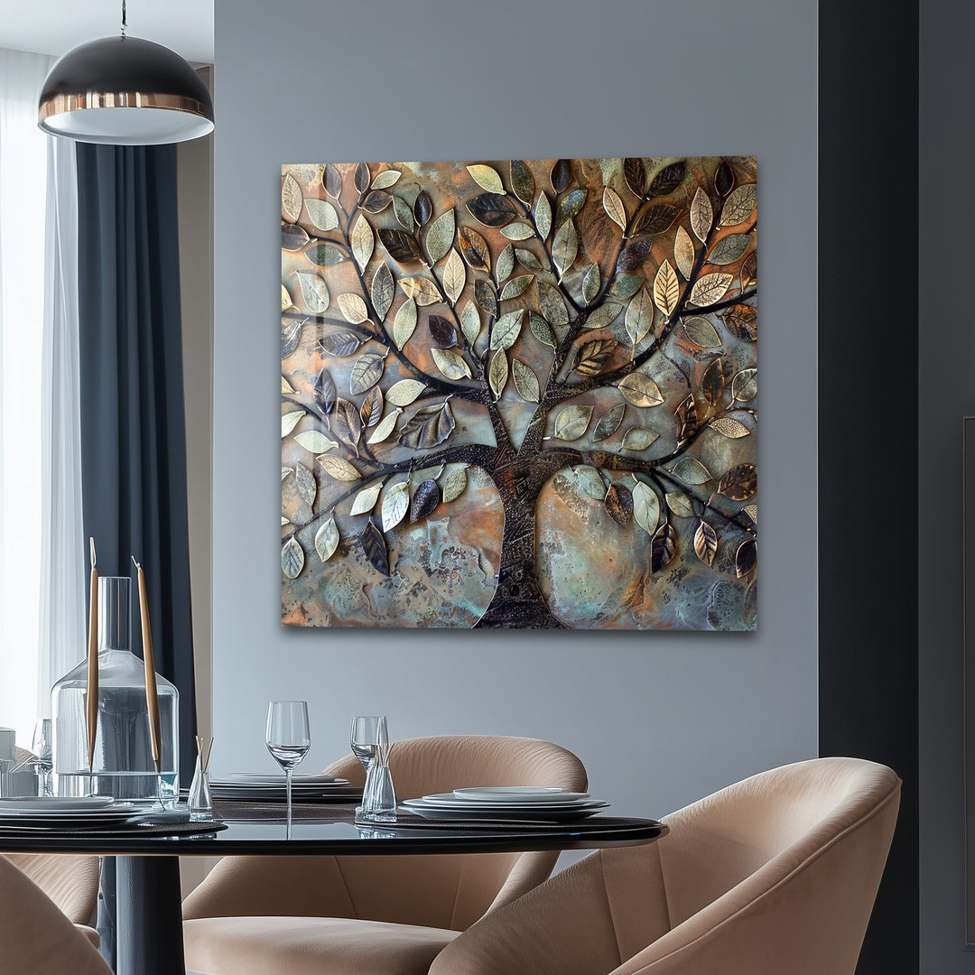 Verdant Bronze Tree – Textured Nature-Inspired Glass Wall Art