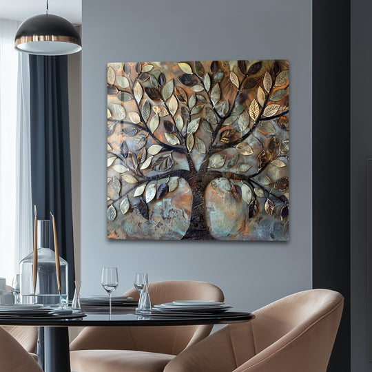 The striking Verdant Bronze Tree glass wall art features an ornate tree design, a loud focal point on the wall.