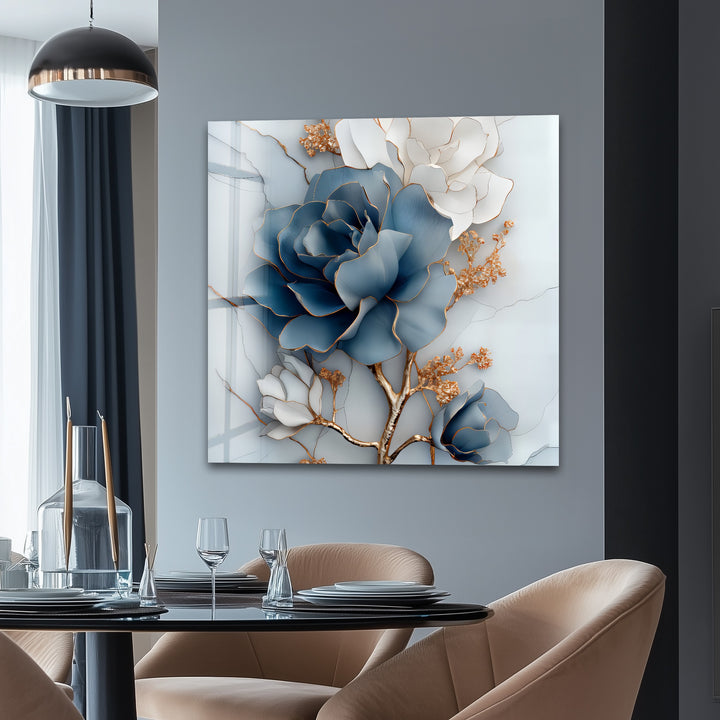 Blue Bloom Harmony – Elegant Floral Glass Wall Art