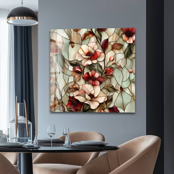 Crimson Bloom Harmony – Stained Floral Glass Wall Art