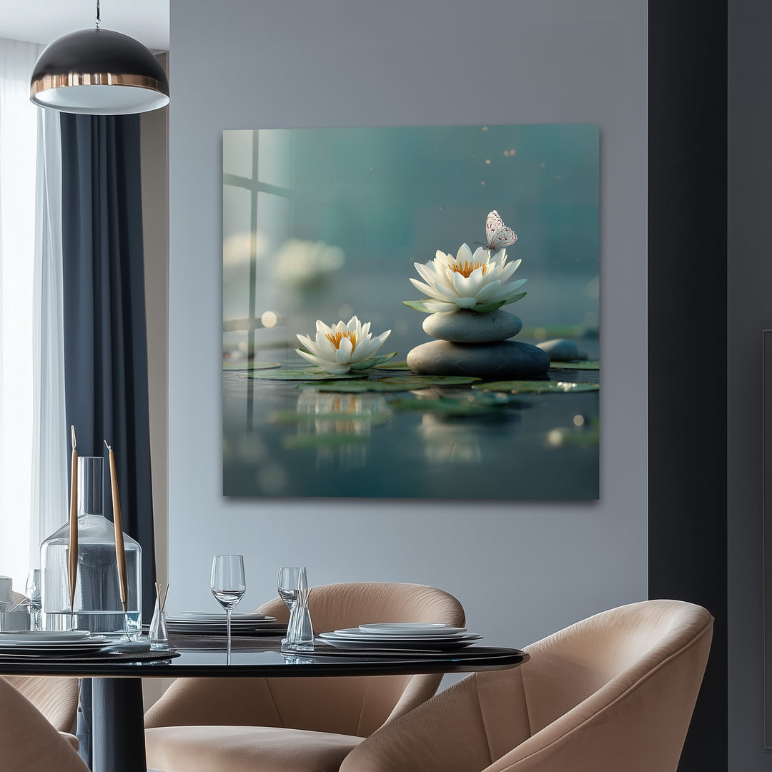 Organic forms of lotus blossoms, stacked stones, and a butterfly are tranquil elements within this best glass art, reflecting on calm water.