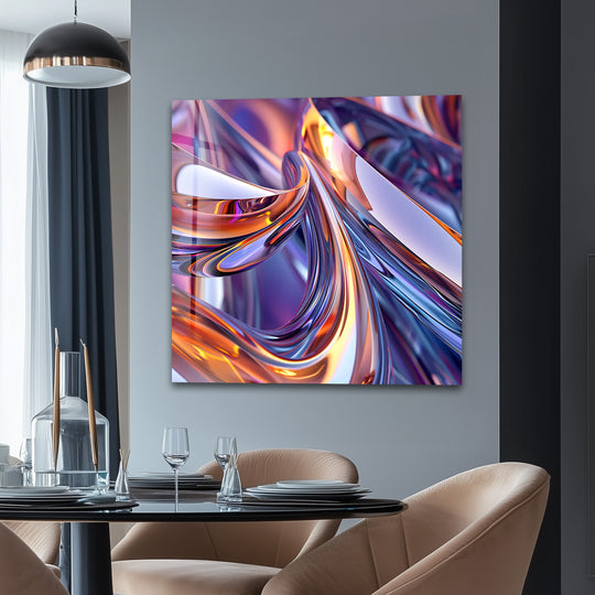 A hyperrealistic close-up showcases the intricate, shimmering details of a prismatic ribbon fusion glass print wall art with vibrant chrome swirls.