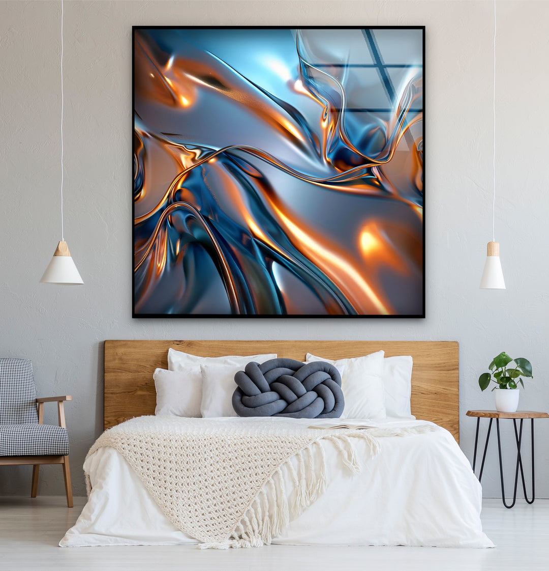 Aurora Metal Flux – Abstract Blue & Copper Chrome Glass Wall Art