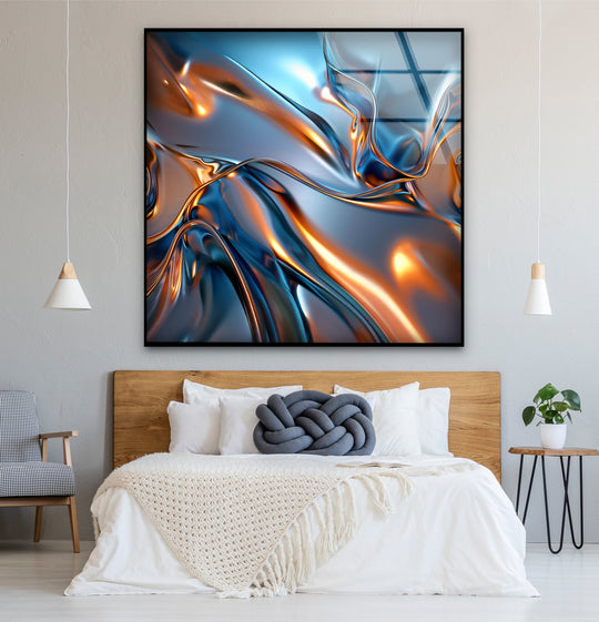 Ethereal swirls of blue and copper create the softest element of this abstract glass wall art, a stunning piece of best glass art.