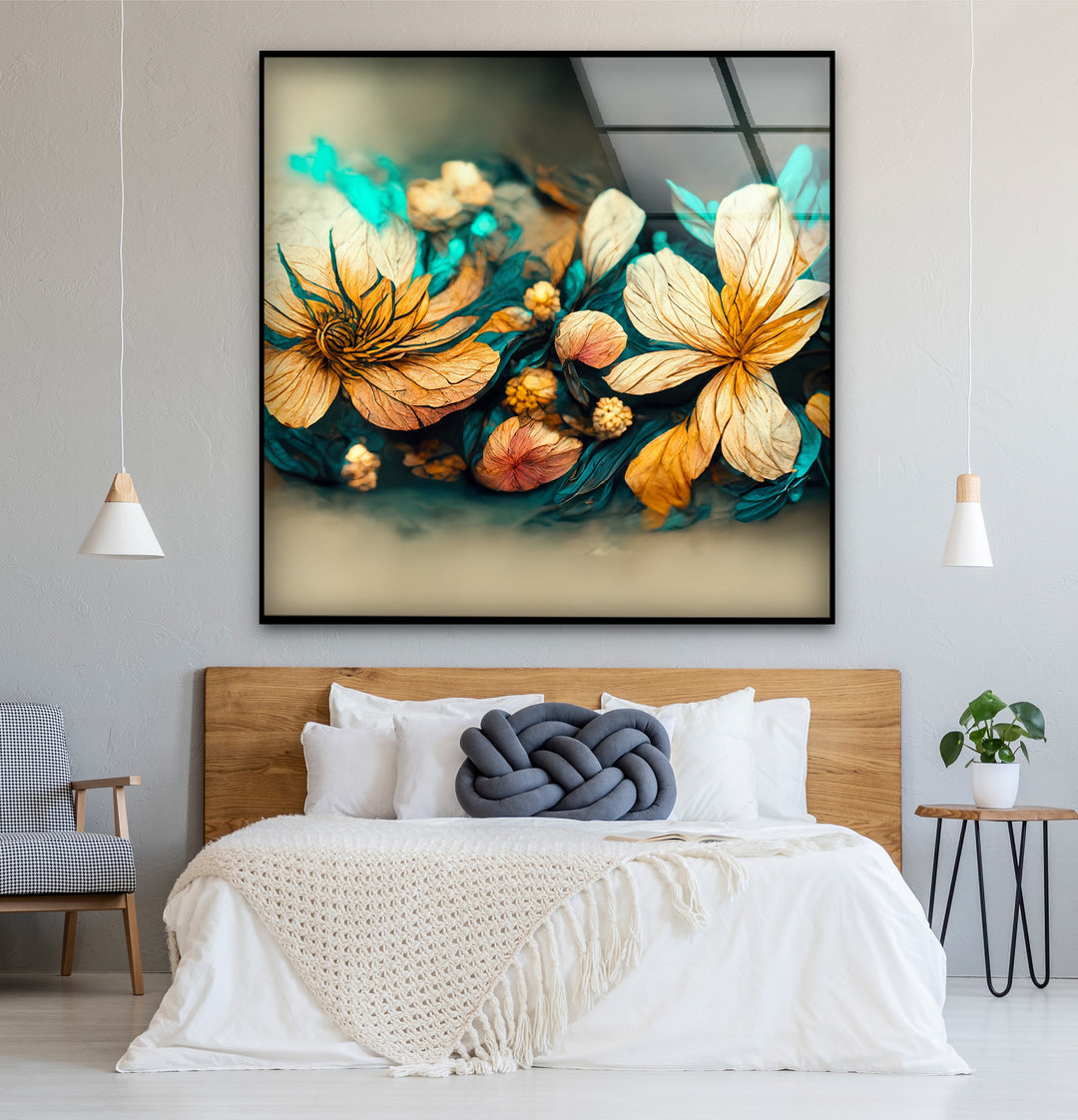 Golden Petal Bloom – Artistic Floral Fantasy Glass Wall Art
