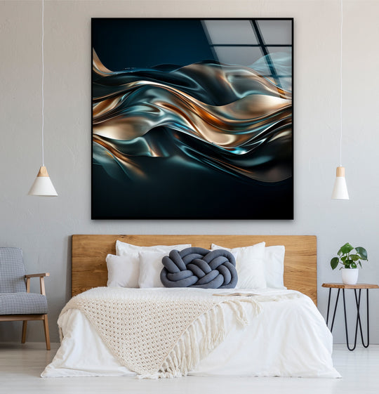 Unique modern wall decor featuring a striking color contrast of deep navy against shimmering bronze and teal metallic waves.