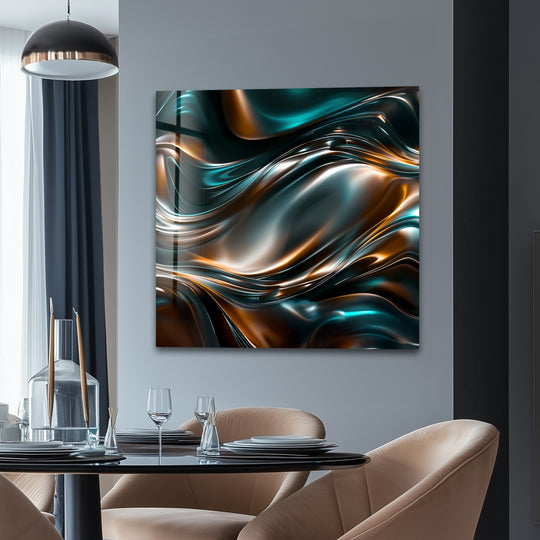A bright, glossy abstract glass printing of metallic obsidian, copper, and teal waves catches the light.