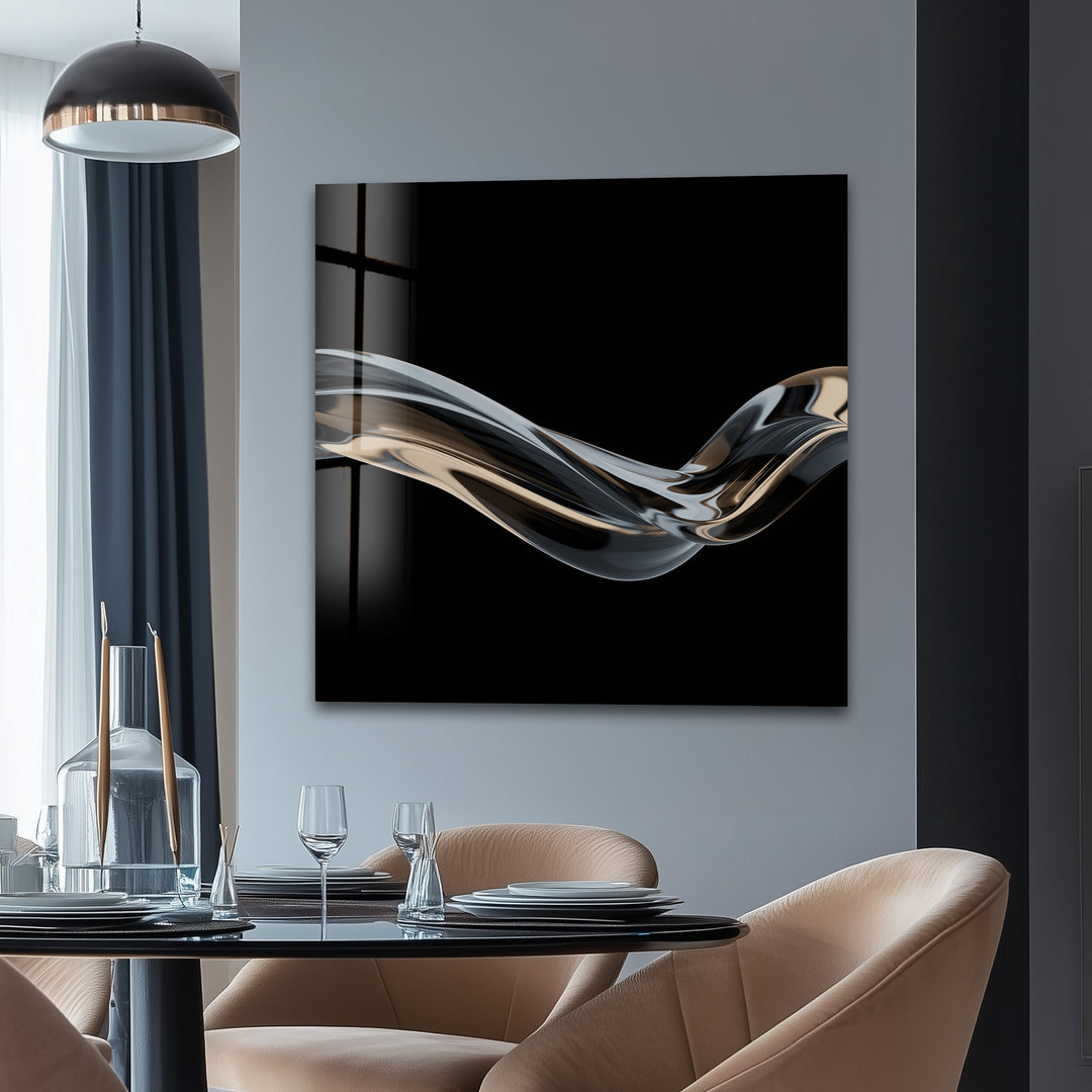 Ebony Silk Wave – Minimalist Metallic Flow Glass Wall Art