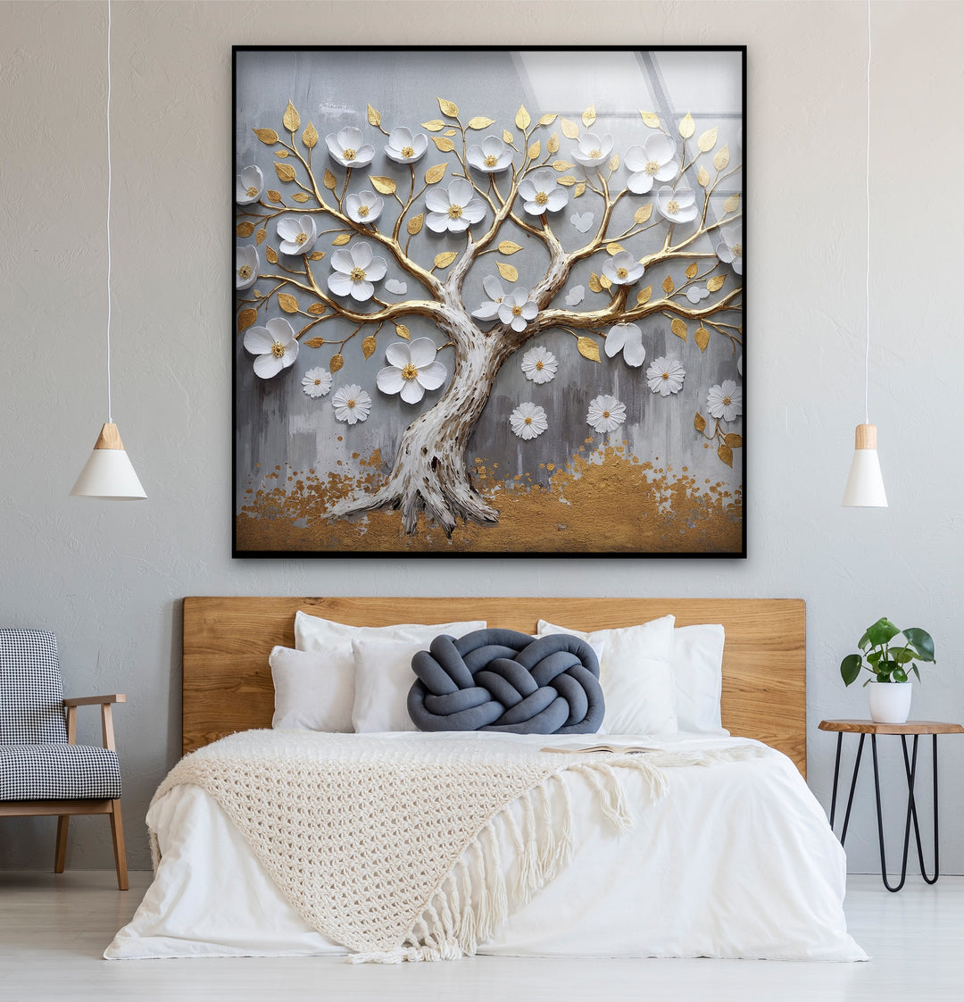 Golden Blossom Tree – Elegant Floral Relief Glass Wall Art