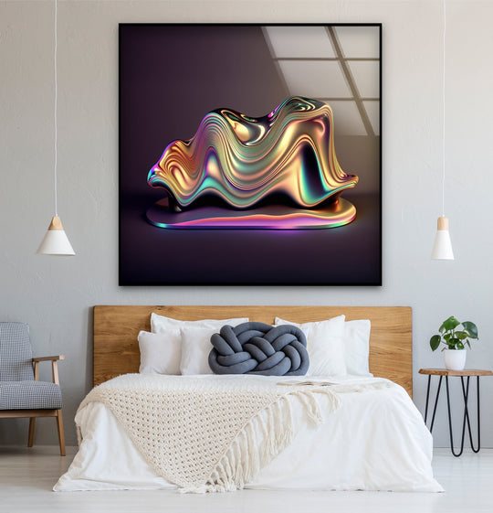 Chromatic sculpted form glass wall art with iridescent metallic shape framed by a thin black border.