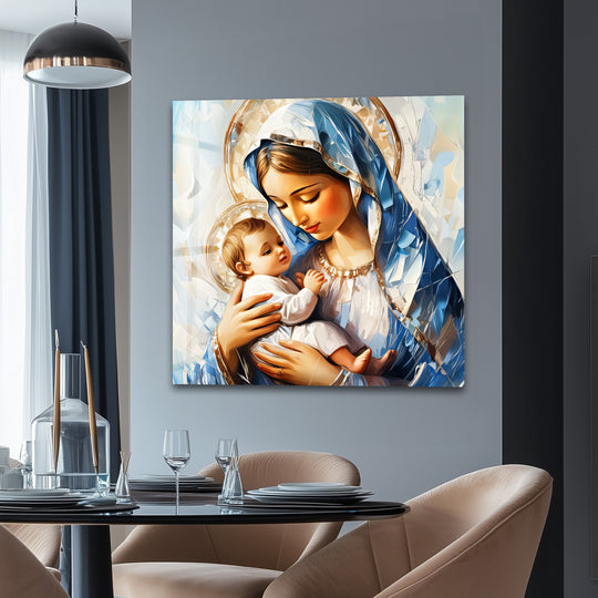 Religion glass wall art showing Virgin Mary and Child Jesus and sacred tender portrait and spiritual religious decor