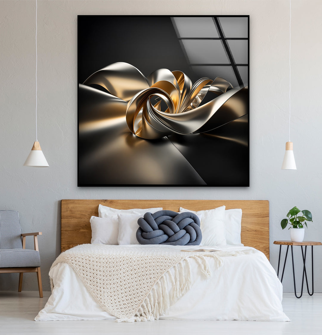 Golden Helix Flow – Abstract Metallic Ribbon Glass Wall Art