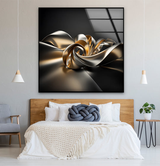 A serene bedroom scene enhanced by the luxurious and dynamic mood of unique modern wall decor featuring a golden abstract ribbon.