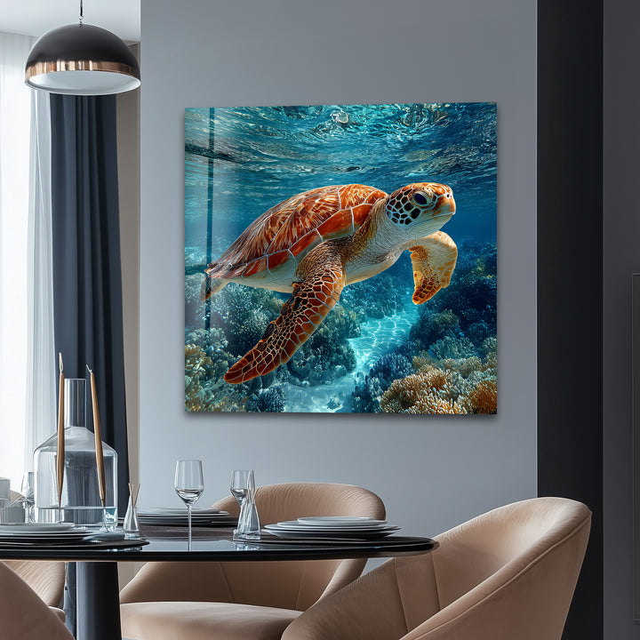 Graceful Voyager – Sea Turtle Underwater Glass Wall Art