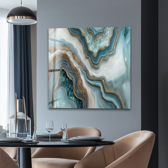 Ocean Geode's deep, layered agate-inspired design creates stunning depth with flowing aqua and gold glass wall artwork.