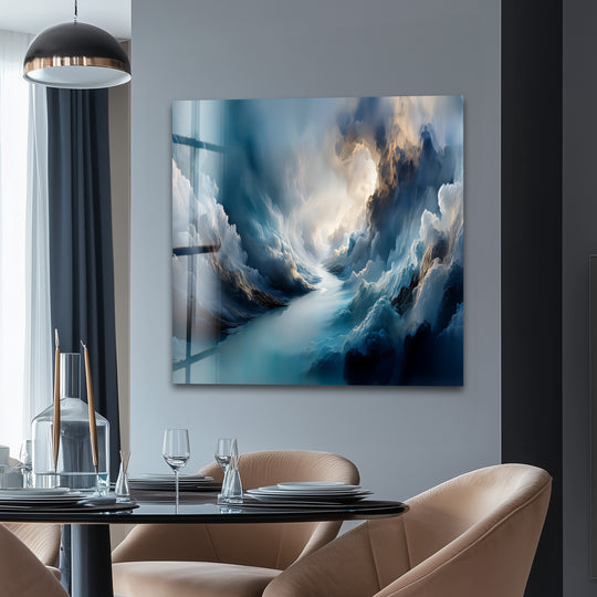 A cool and ethereal glow emanates from this abstract celestial cloudscape decorative wall art, creating a serene ambiance.