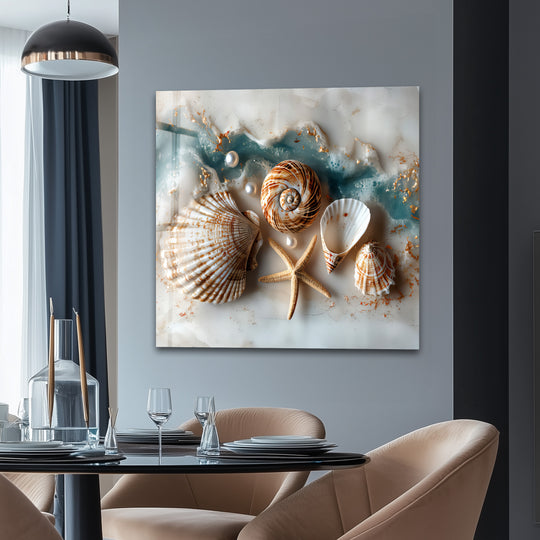 Coastal Treasures glass wall art showcases geometric circular and fan-like seashell shapes within a fluid, wave-like home decor composition.