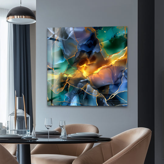 A fractured light glass wall art features an abstract shattered prism design with shimmering, reflective surface textures.