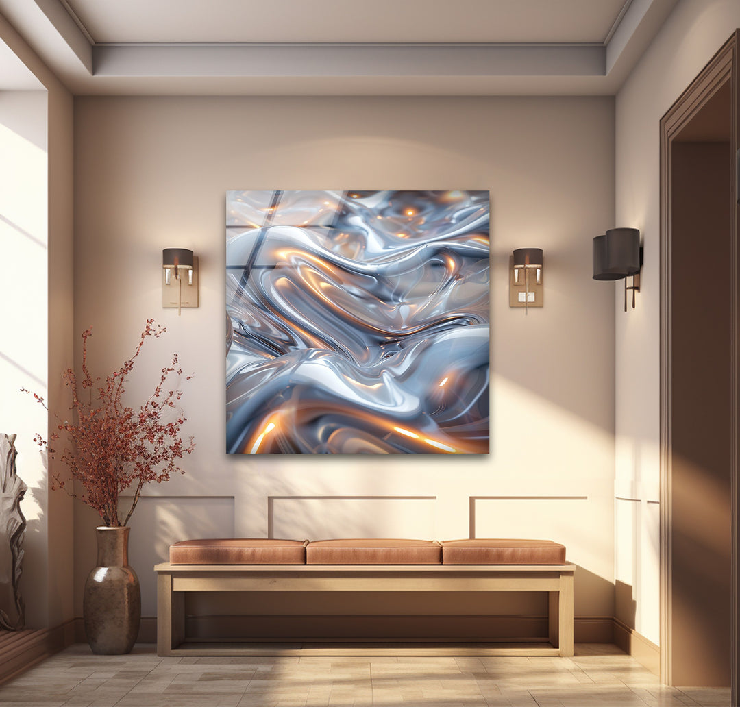 Ethereal Silver Glow – Abstract Fluid Metal Design Glass Wall Art