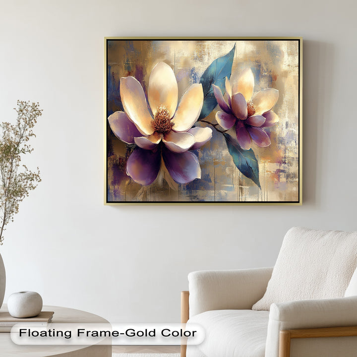 Chic botanical artwork with large blooming magnolias and bold blue leaves.
