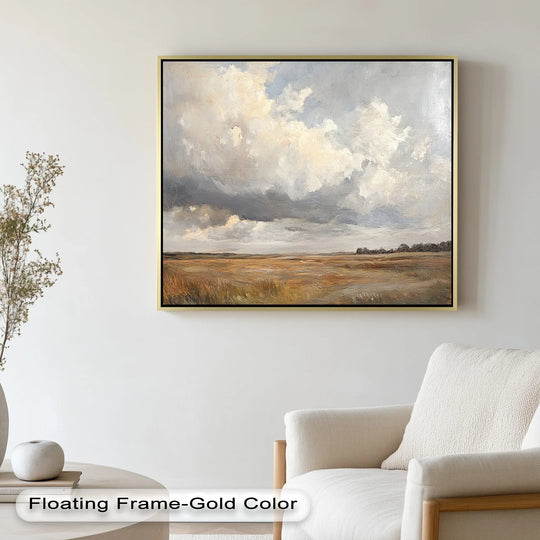 Dominated by earthy brown hues, this oil painting reproduction print captures a vintage prairie horizon, showcasing an expansive field beneath a dramatic sky.