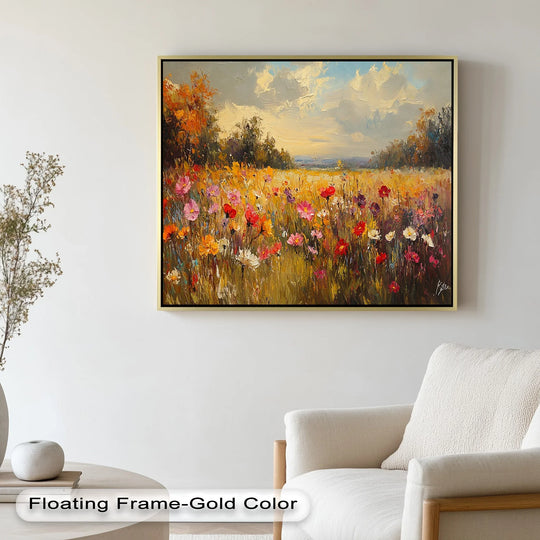 Negative space emphasizes the vibrant wildflower field in this oil painting, suggesting a spaciousness through the composition's balance for unique oil painting home decor.