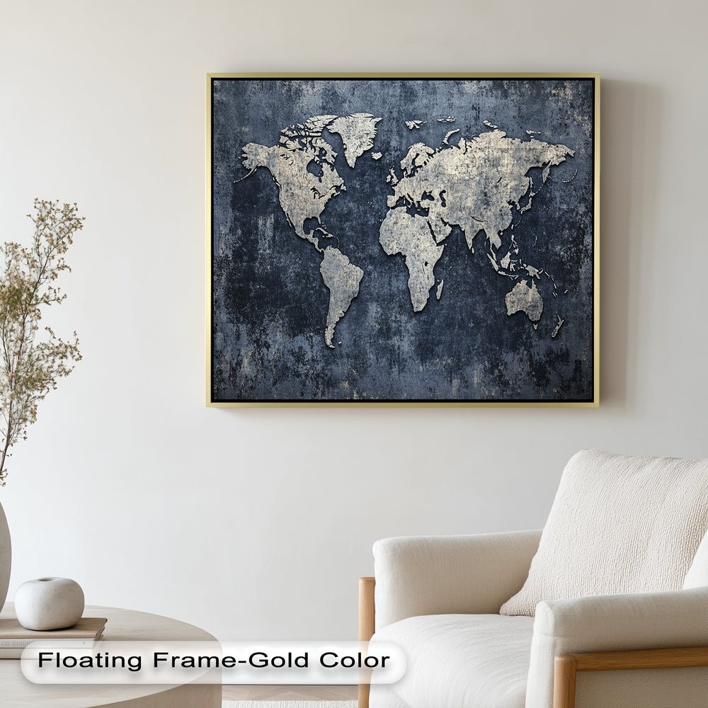 Rustic global map on distressed navy blue background.
