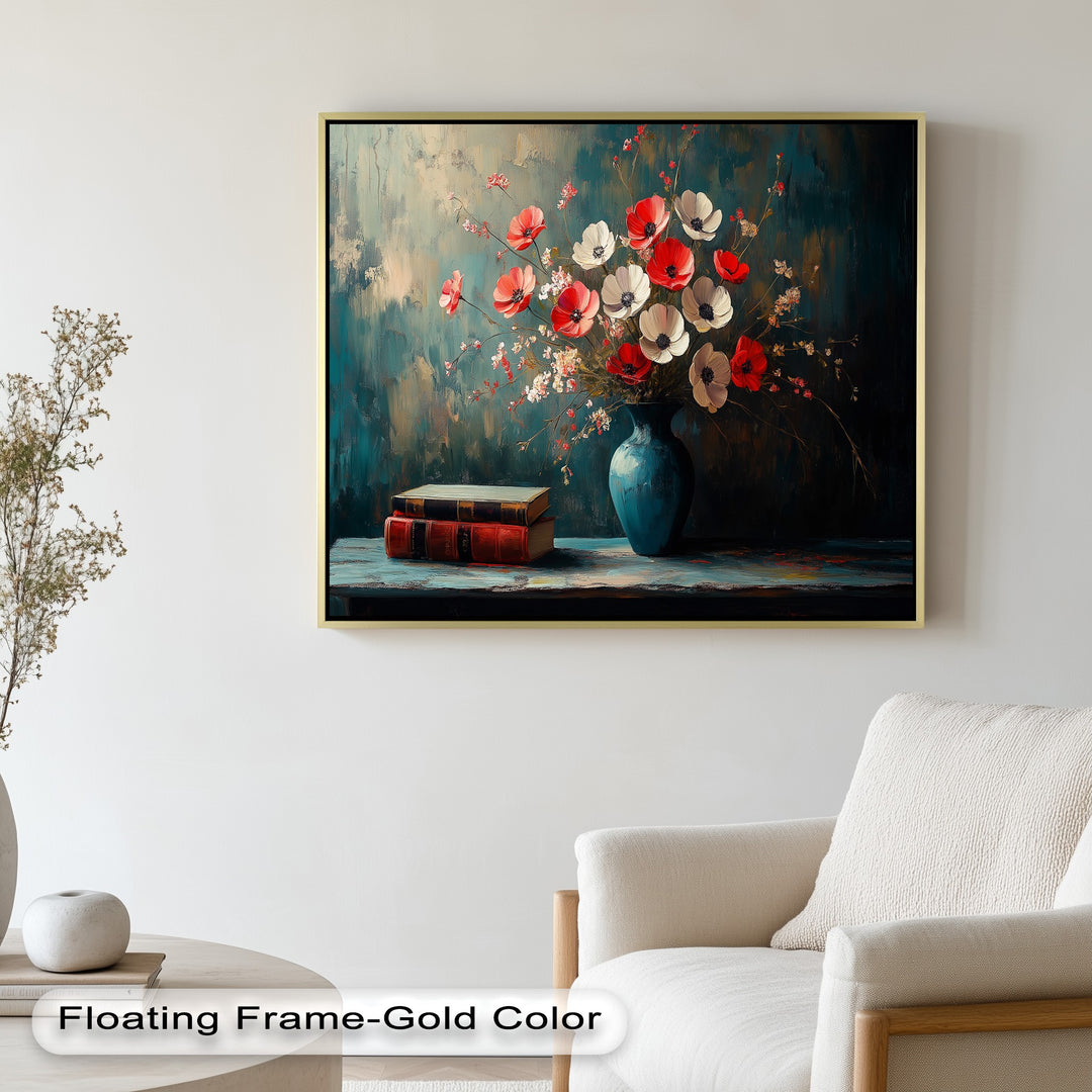 Red and white flower painting with rustic teal background.
