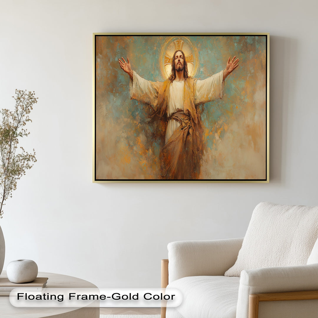Divine light painting of Christ with radiant golden halo.
