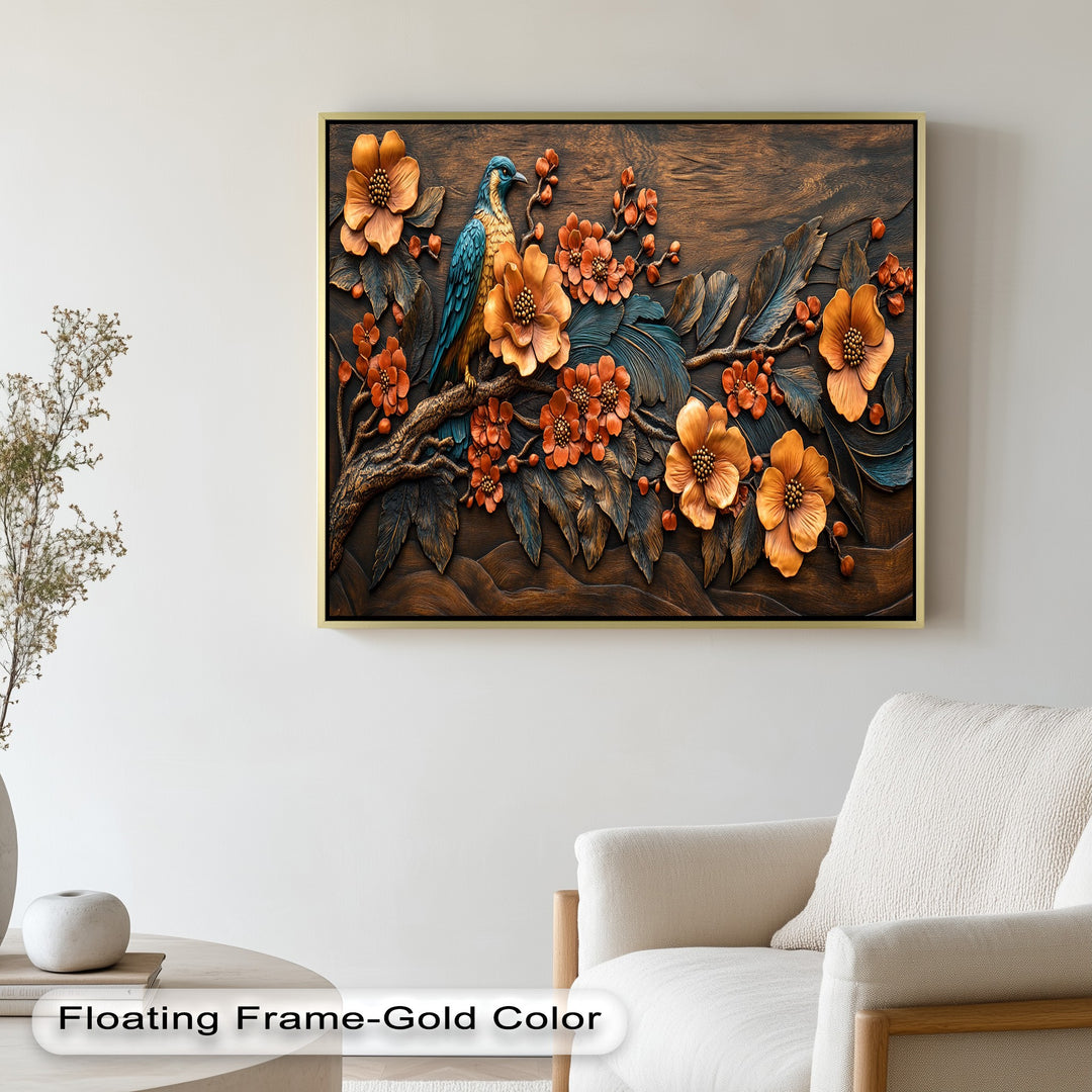 Carved floral wall art with turquoise bird and bronze blossoms.
