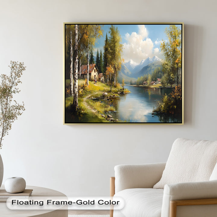 Rustic homes nestled by a serene river with distant snowy summits.
