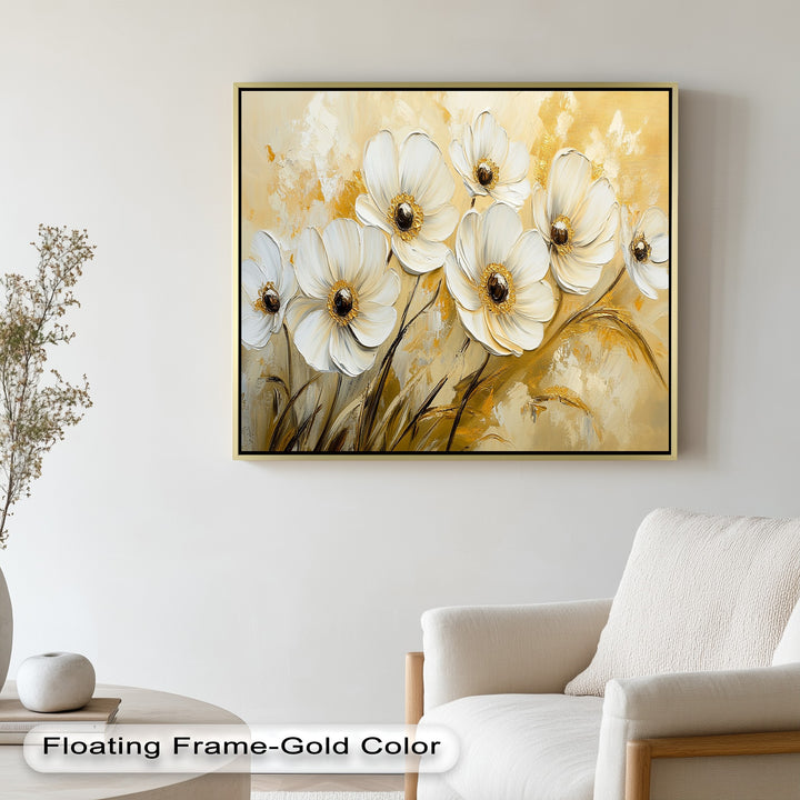 Sculpted white florals in radiant gold — modern metallic flower artwork.
