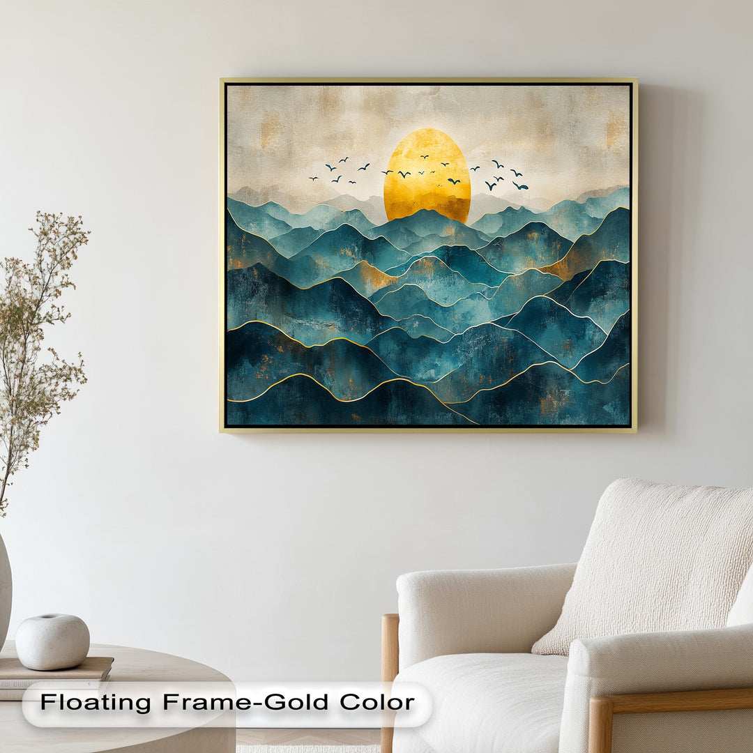 Golden sunrise over abstract teal mountains with flying birds.
