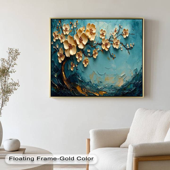 Blossoming tree branch in raised texture and rich teal tones.
