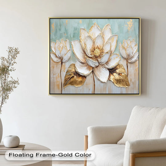 Focal point of the Golden Bloom Lotus modern oil painting art features radiant white lotus flowers with golden accents, creating a spa-like feel.