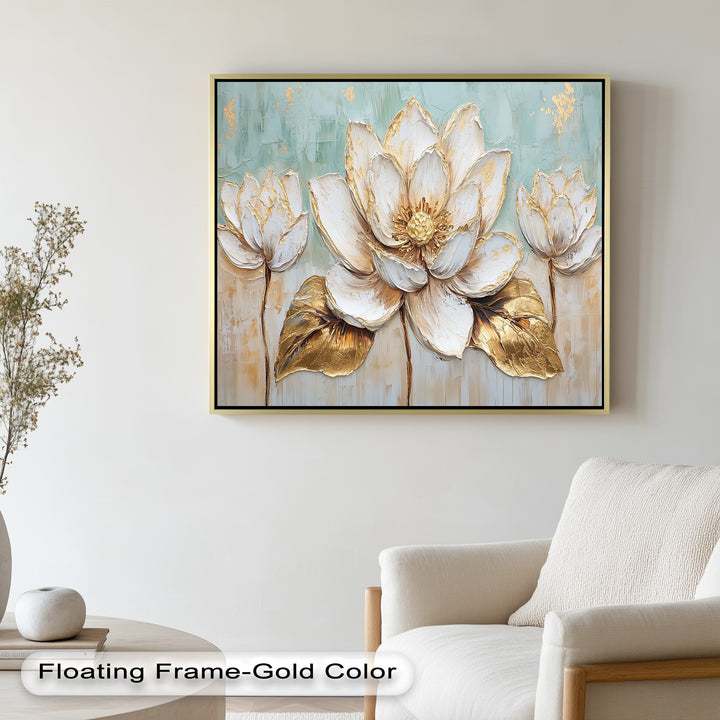 Golden lotus bloom with textured white petals.
