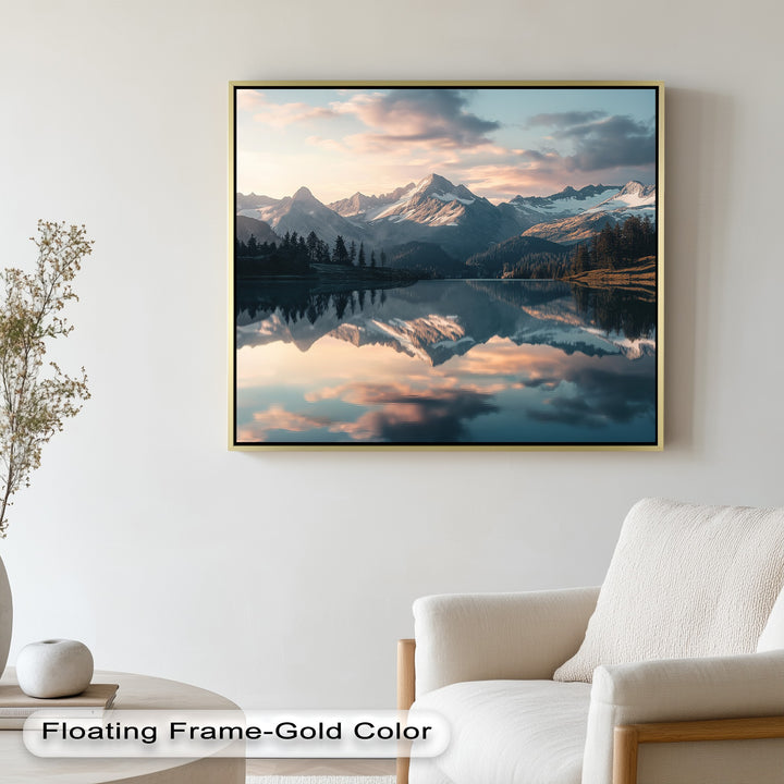 Mountain lake artwork with pine forest and pastel sunset sky.
