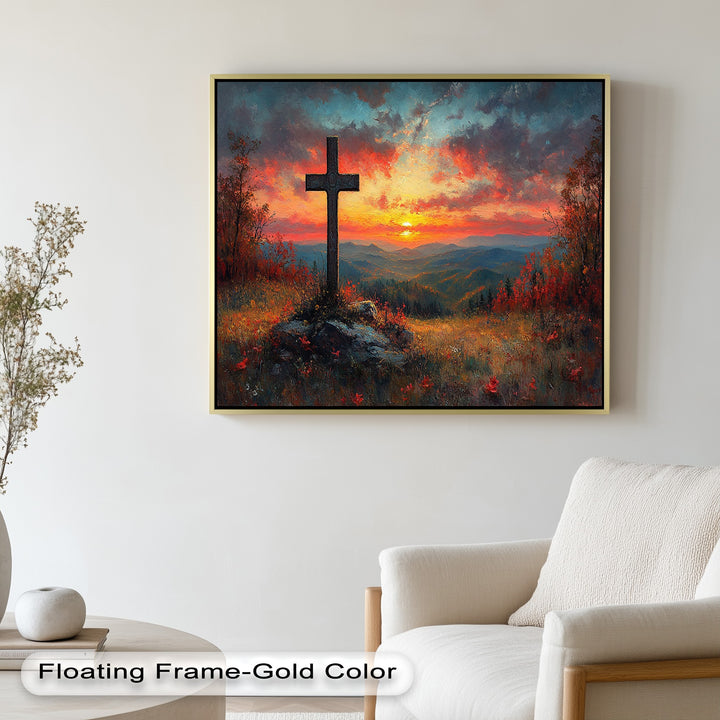 Inspirational landscape featuring glowing sky and rustic cross.
