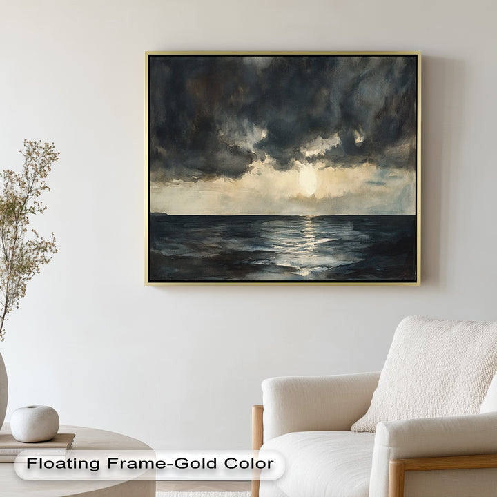 Atmospheric coastal painting with shadowed clouds and serene waters.
